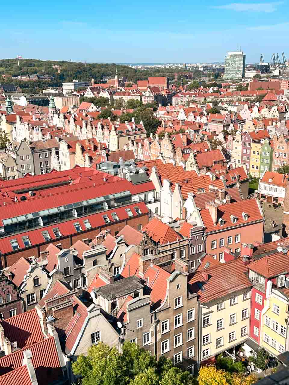 Rooftop view of Gdańsk with rows of colourful buildings and a glimpse of the port cranes in the back