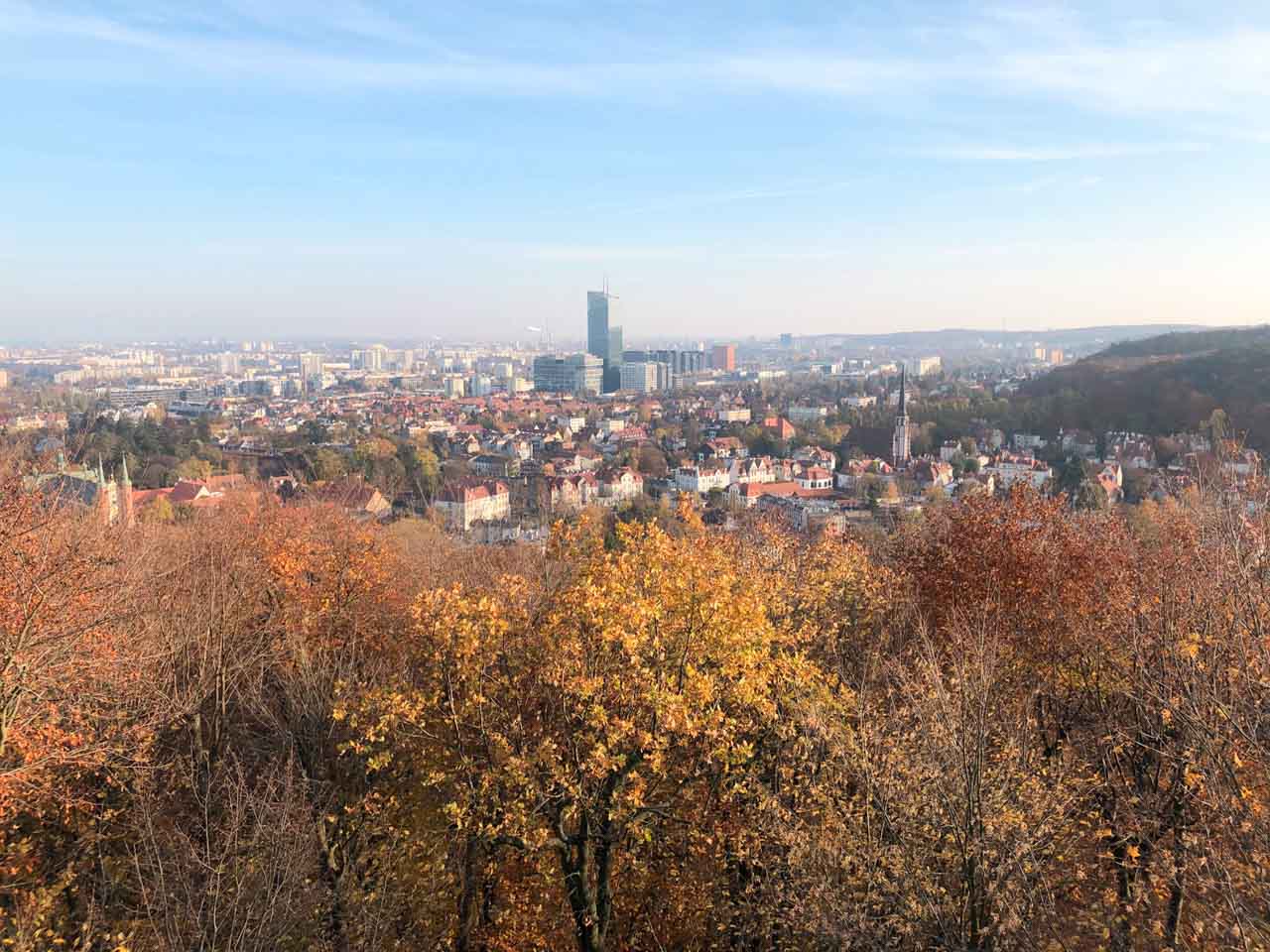 Panoramic view of Gdańsk city skyline with colourful trees and buildings seen from the Pachołek viewing tower