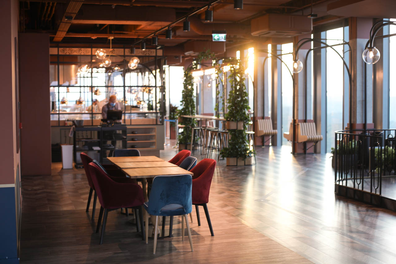 Sunlight shining through Vidokówka’s stylish interior with cosy seating and plants