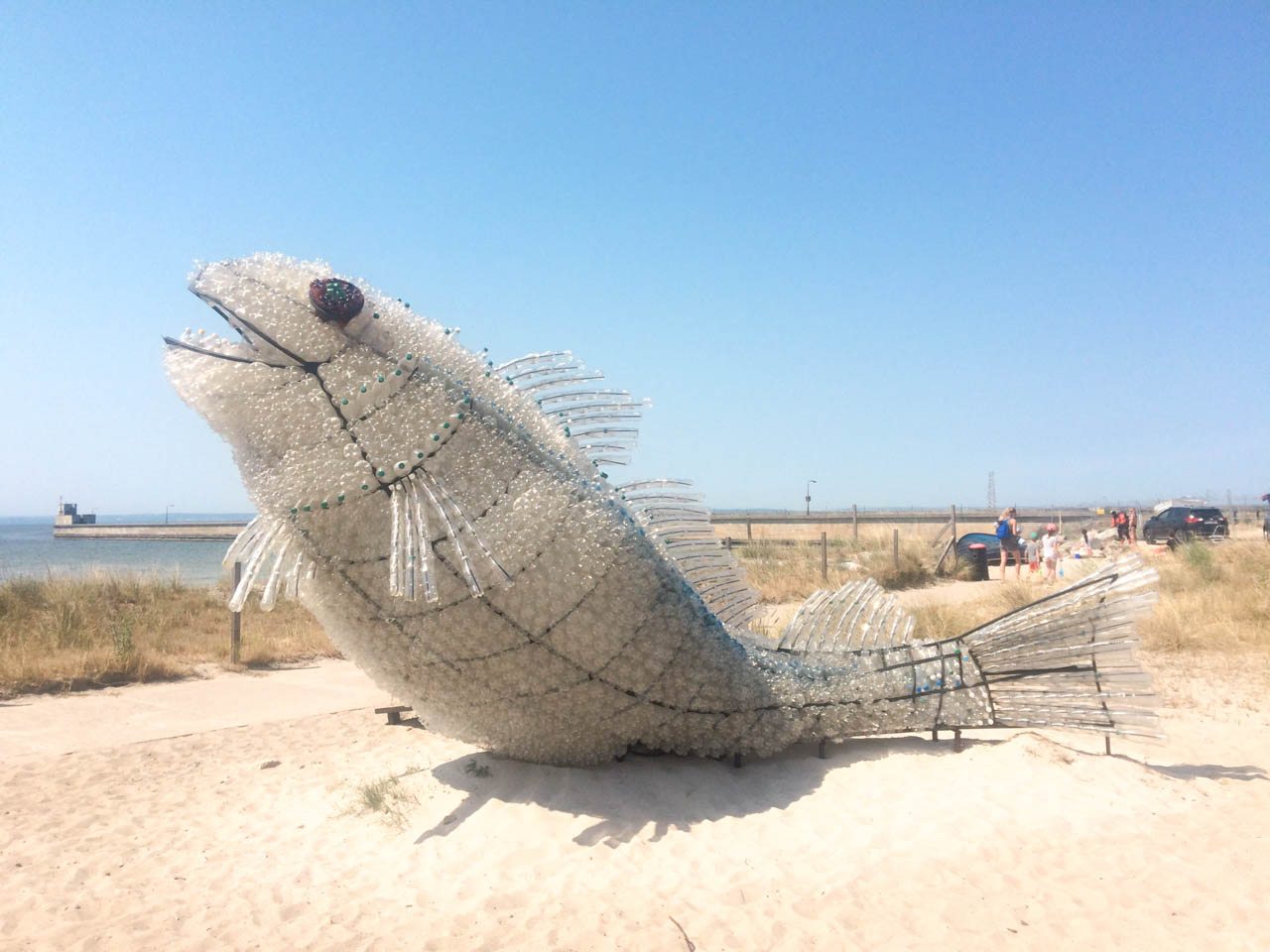 A giant fish sculpture made from plastic bottles on a beach in Hel, raising awareness about sea pollution