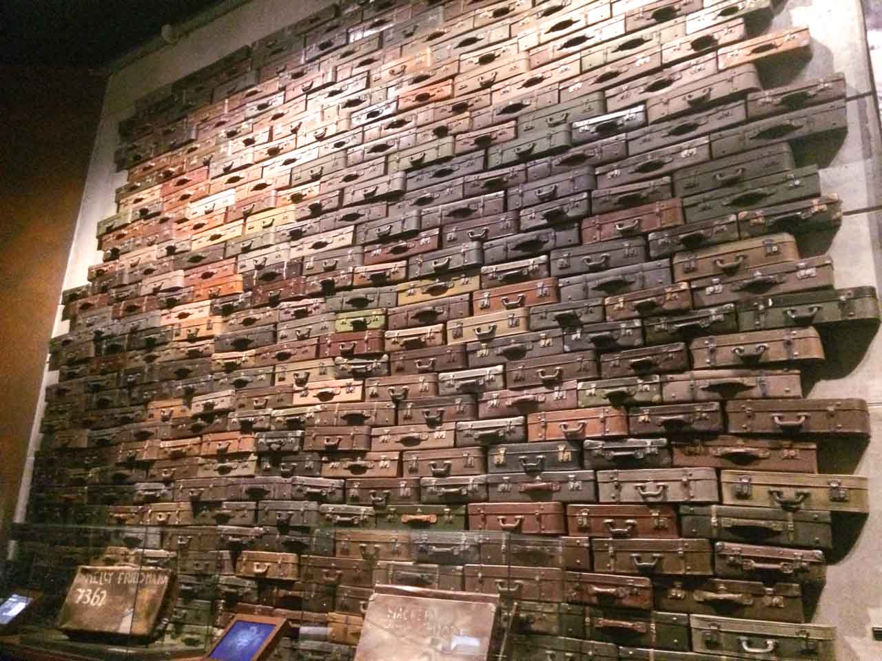 Art installation made of vintage suitcases stacked to the ceiling at the Museum of the Second World War