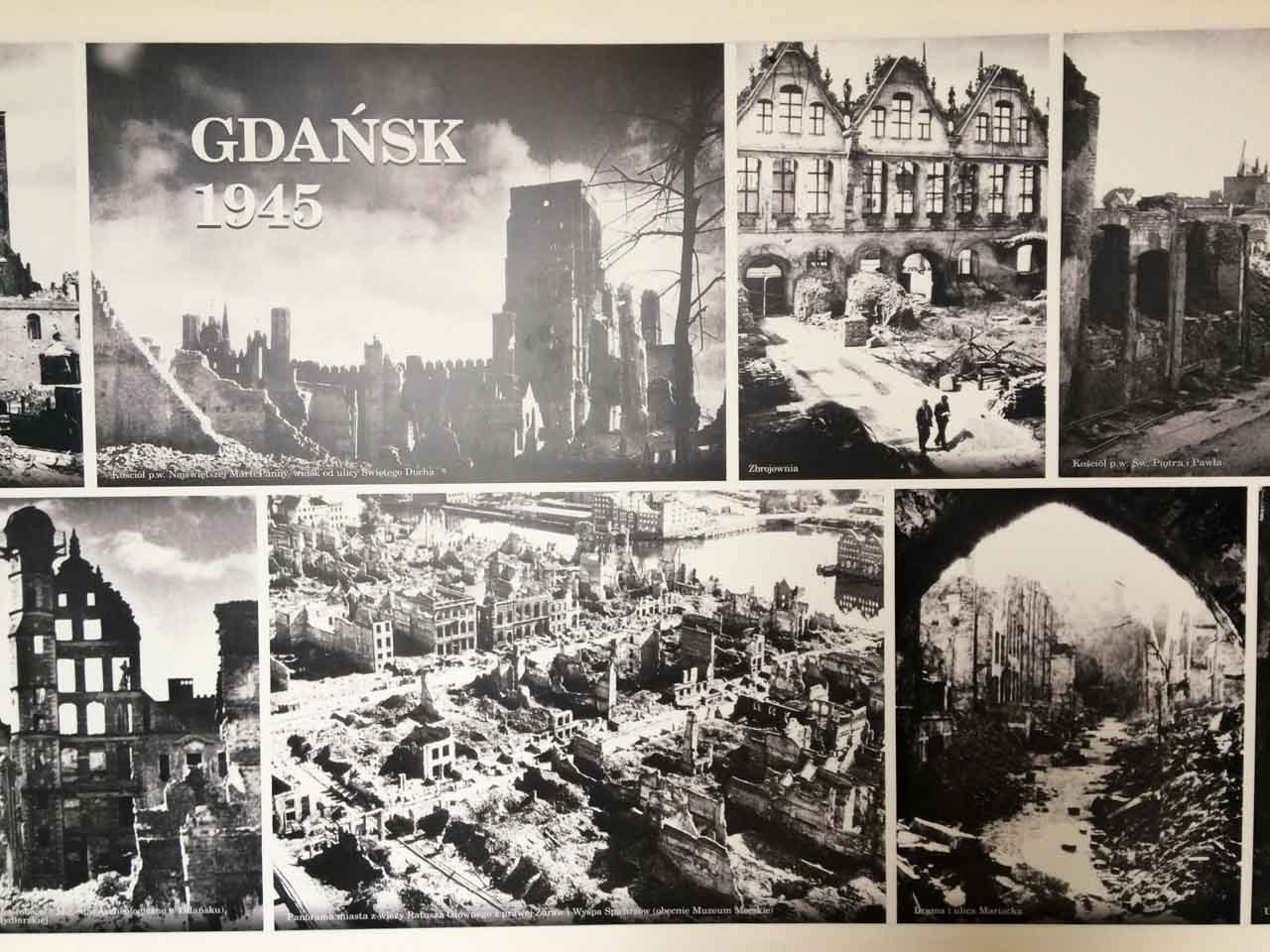 Black and white photos of Gdańsk in ruins after WWII on display at the Museum of the Second World War