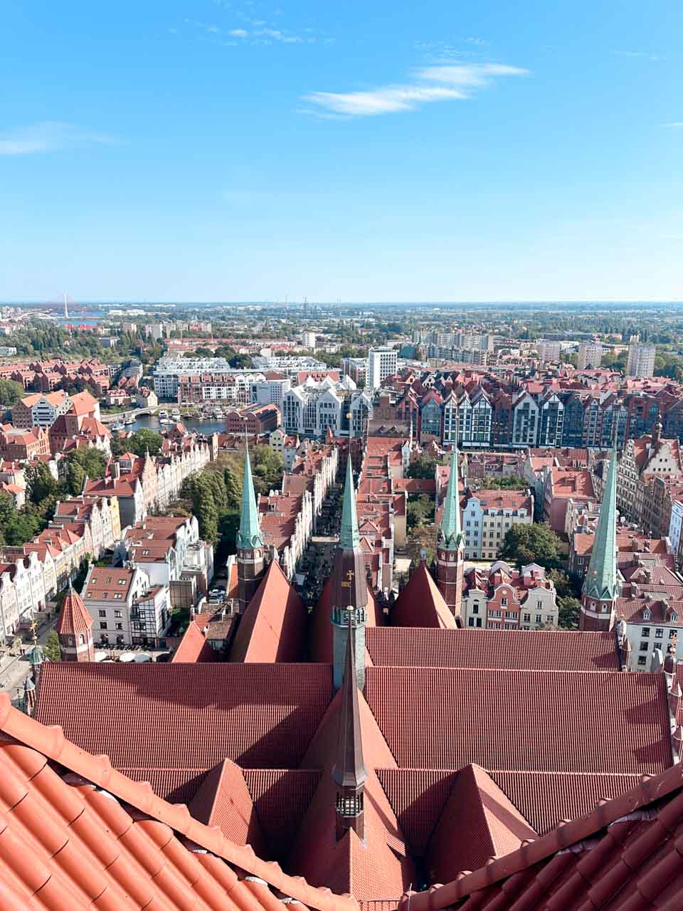 Panoramic city view from St. Mary's Church tower in Gdańsk with red rooftops, spires, and distant greenery