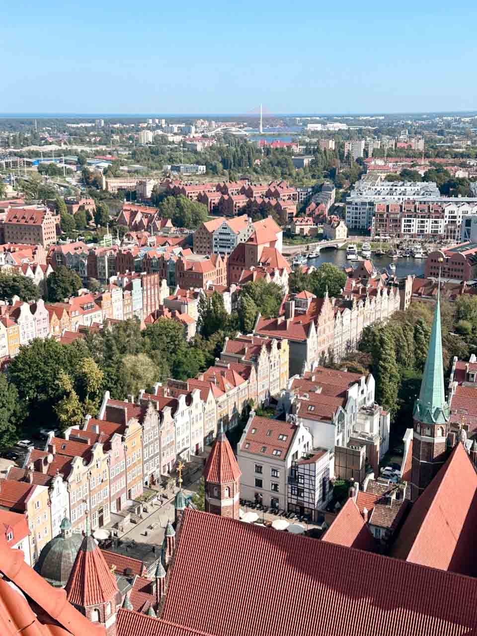 Rooftop view of pastel-coloured houses and pointed towers stretching towards the waterfront in Gdańsk