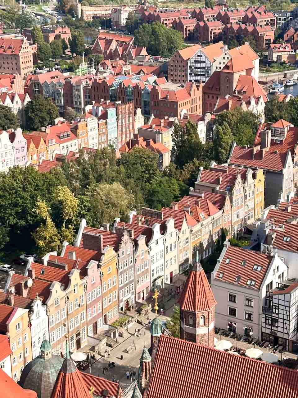 View of colourful tenement houses and red rooftops in Gdańsk’s Main City seen from above
