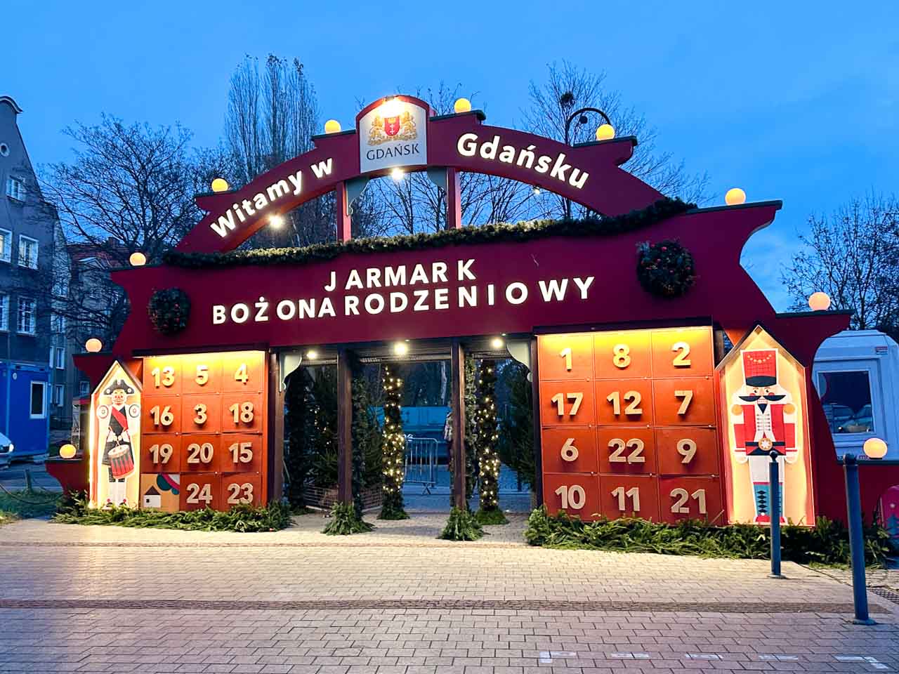 The entrance to the Gdańsk Christmas Market, styled like a giant Advent calendar with twinkling lights and nutcracker figures