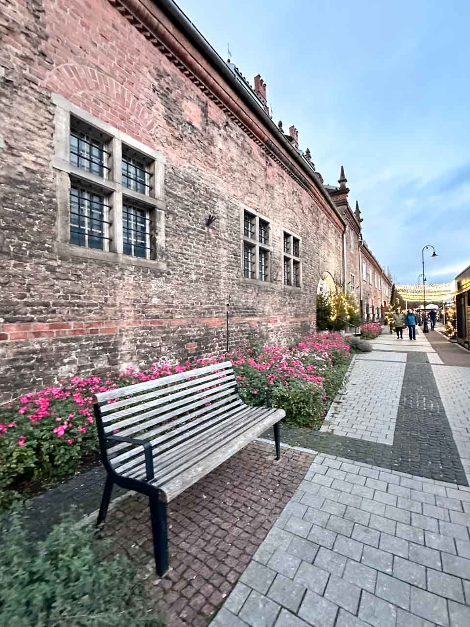 A wooden bench beside a brick wall lined with pink flowers, with fairy lights and market stalls visible in the distance