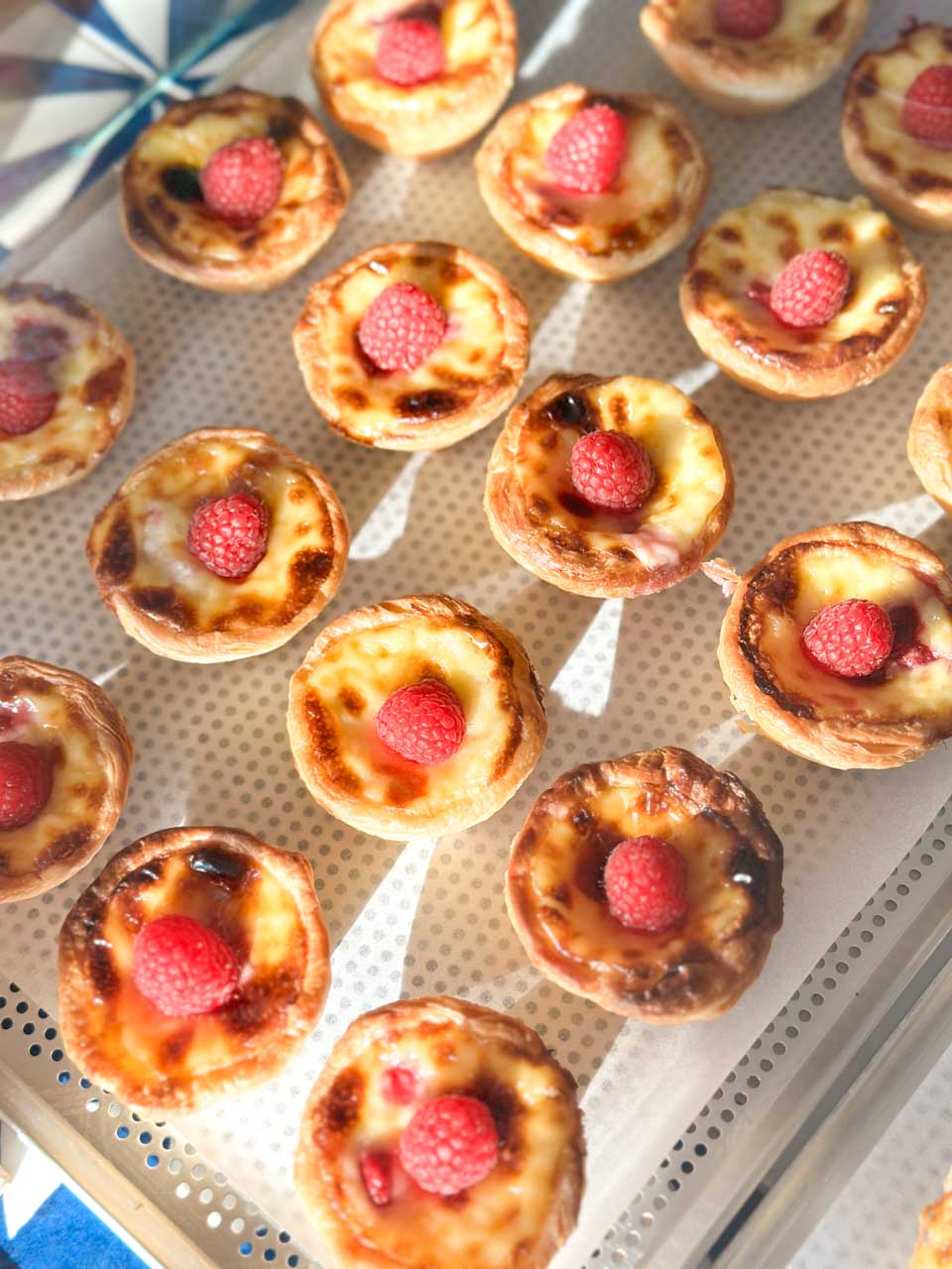 Fresh pasteis de nata topped with raspberries cooling on a tray in a sunny display window at O.PORTO Cafeteria in Gdańsk