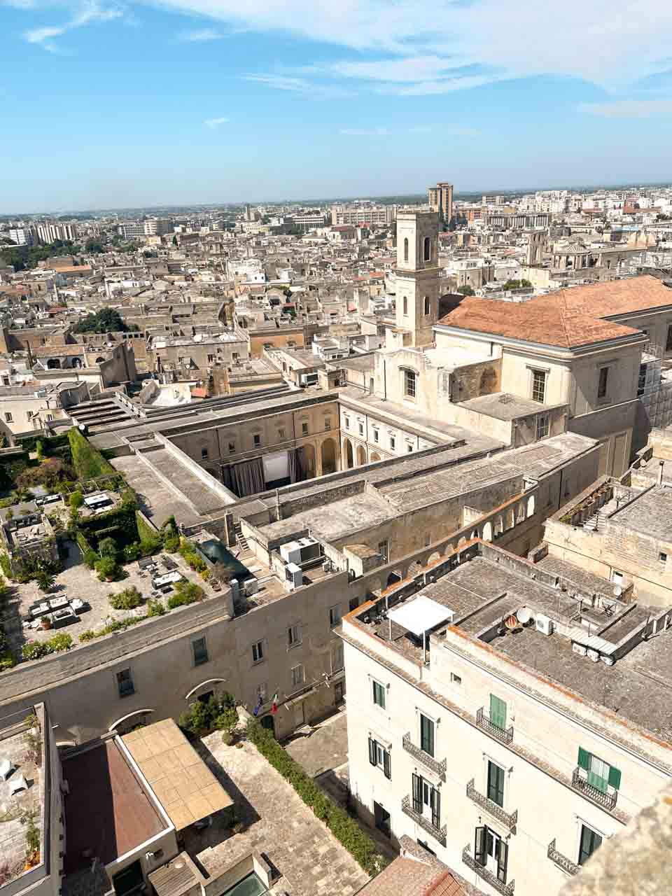 View over the rooftops and church towers of Lecce&rsquo;s historic centre from above