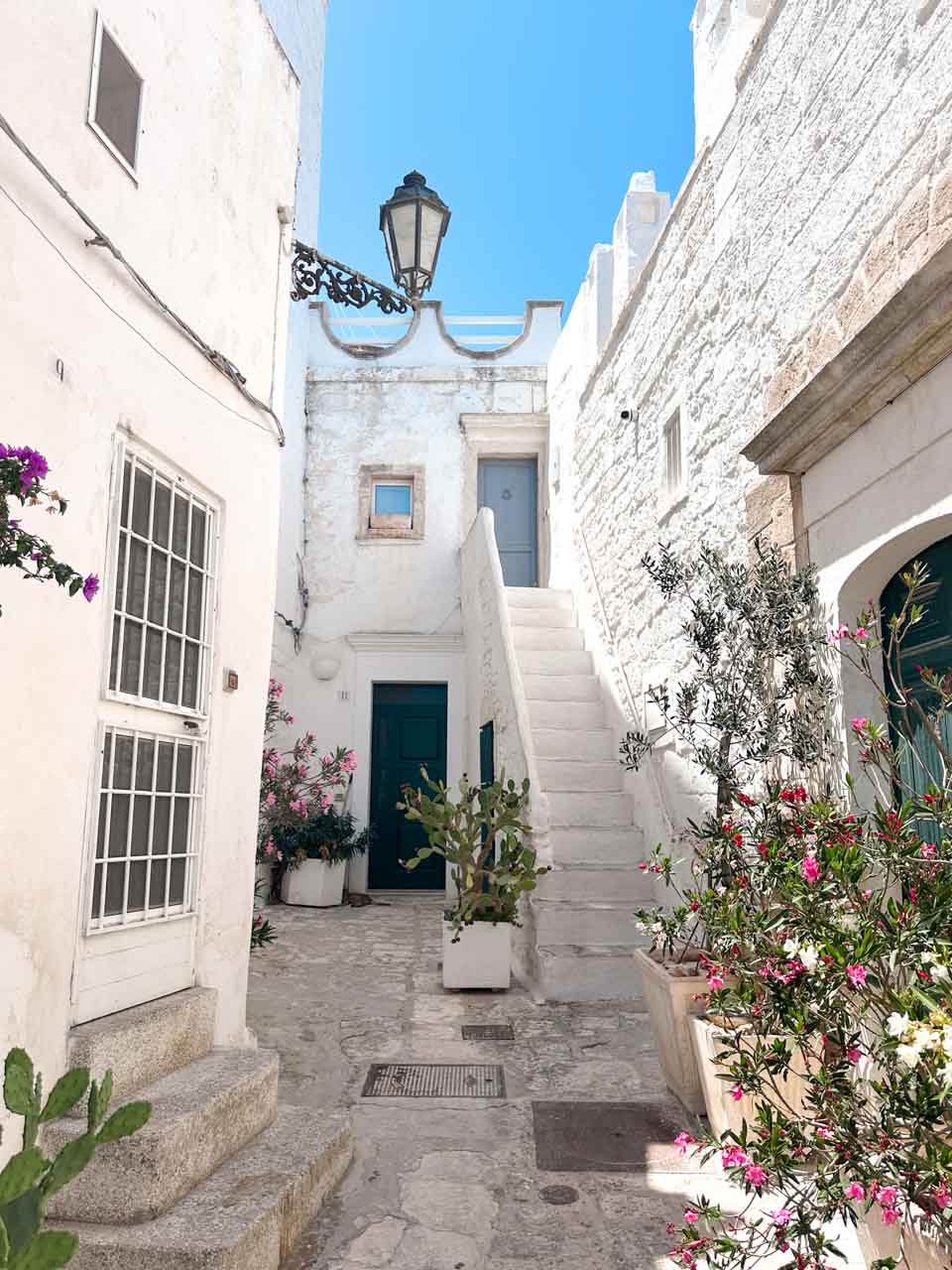 Whitewashed courtyard with stone stairs, grey door, and potted plants in Ostuni, Italy