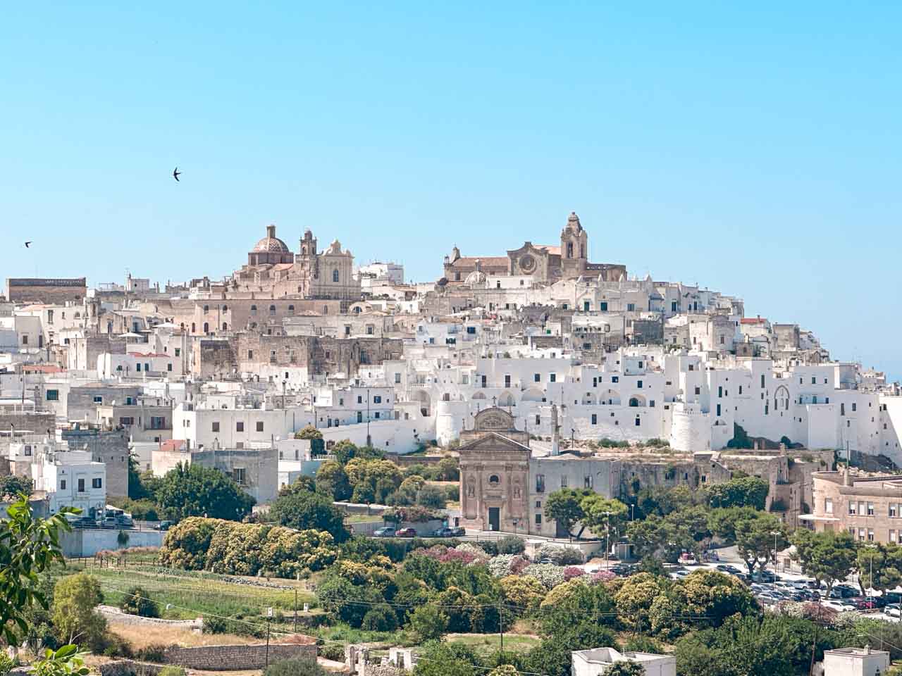 View of Ostuni&rsquo;s whitewashed old town with church domes and rooftops under a clear blue sky