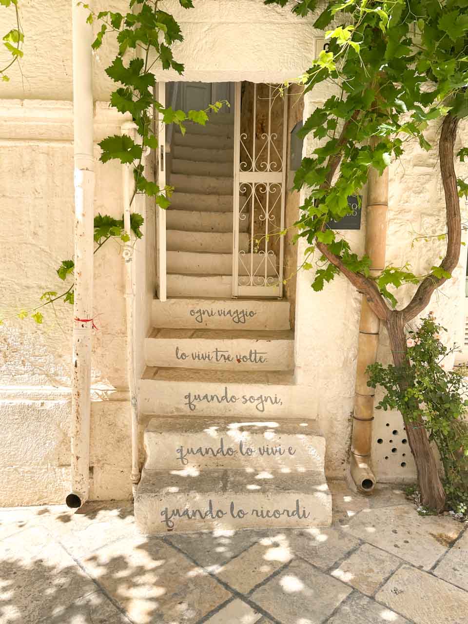 White stone steps with Italian quotes and a vine-covered doorway in Polignano a Mare, Italy