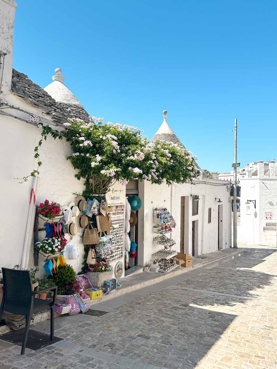 Souvenir shop inside a traditional trullo house covered with flowering vines in Alberobello