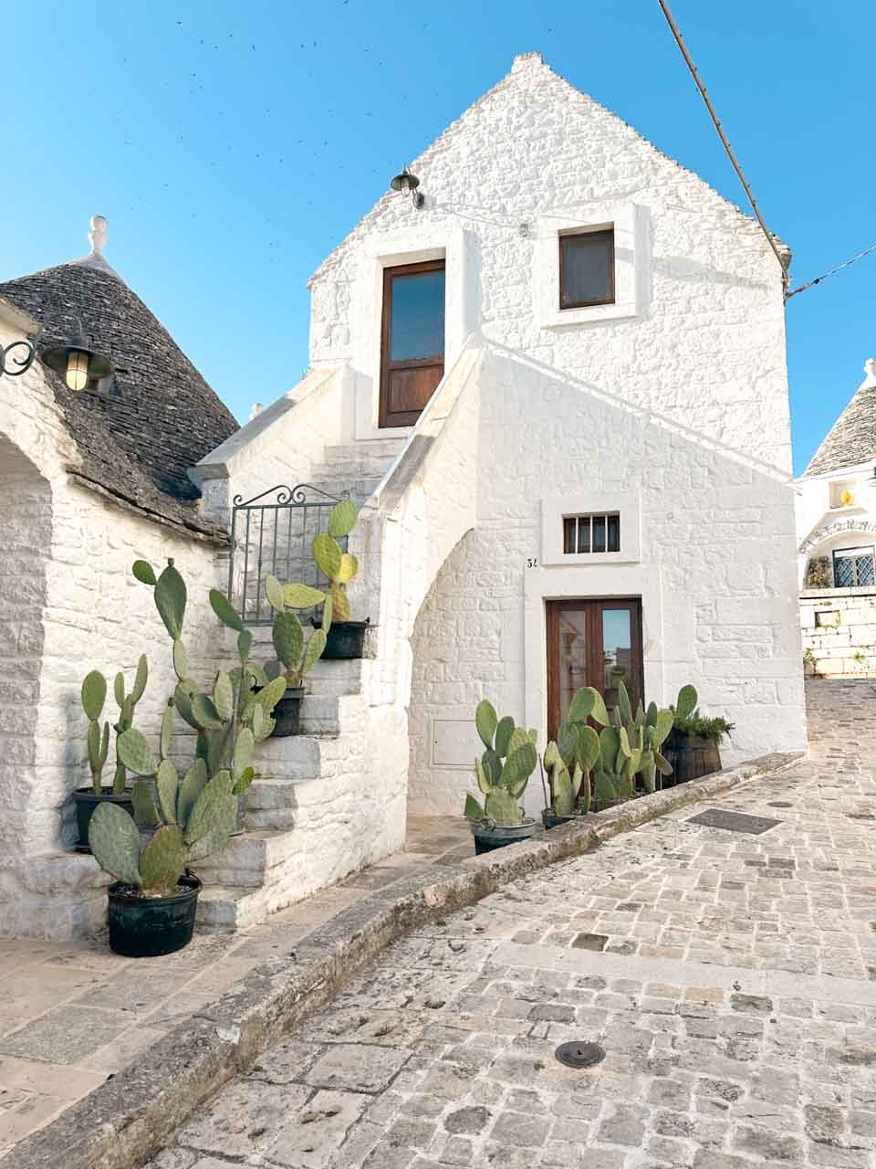 White trullo house with stone steps and potted cacti along a cobbled street