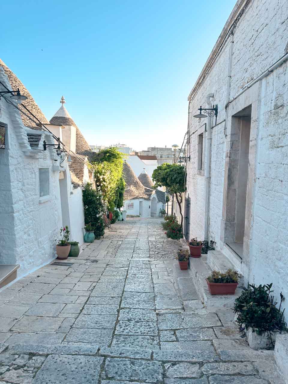 Quiet cobbled street lined with white trulli houses in Alberobello, Italy