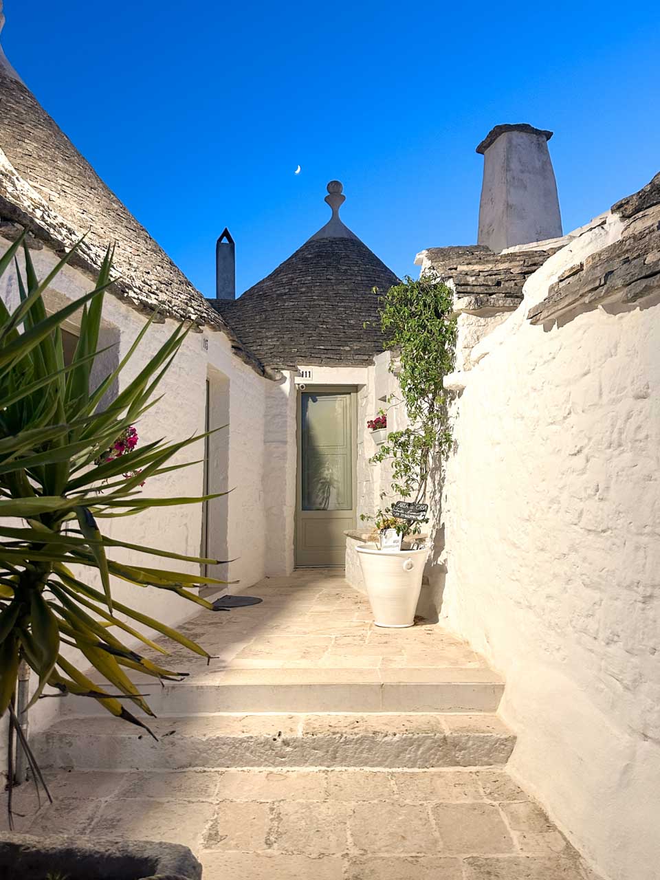 Trullo entrance with potted plants and a crescent moon in a clear blue sky
