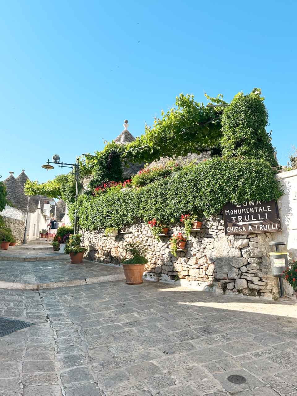 Stone street in Alberobello with lush greenery and a sign pointing to the Monumental Trulli area