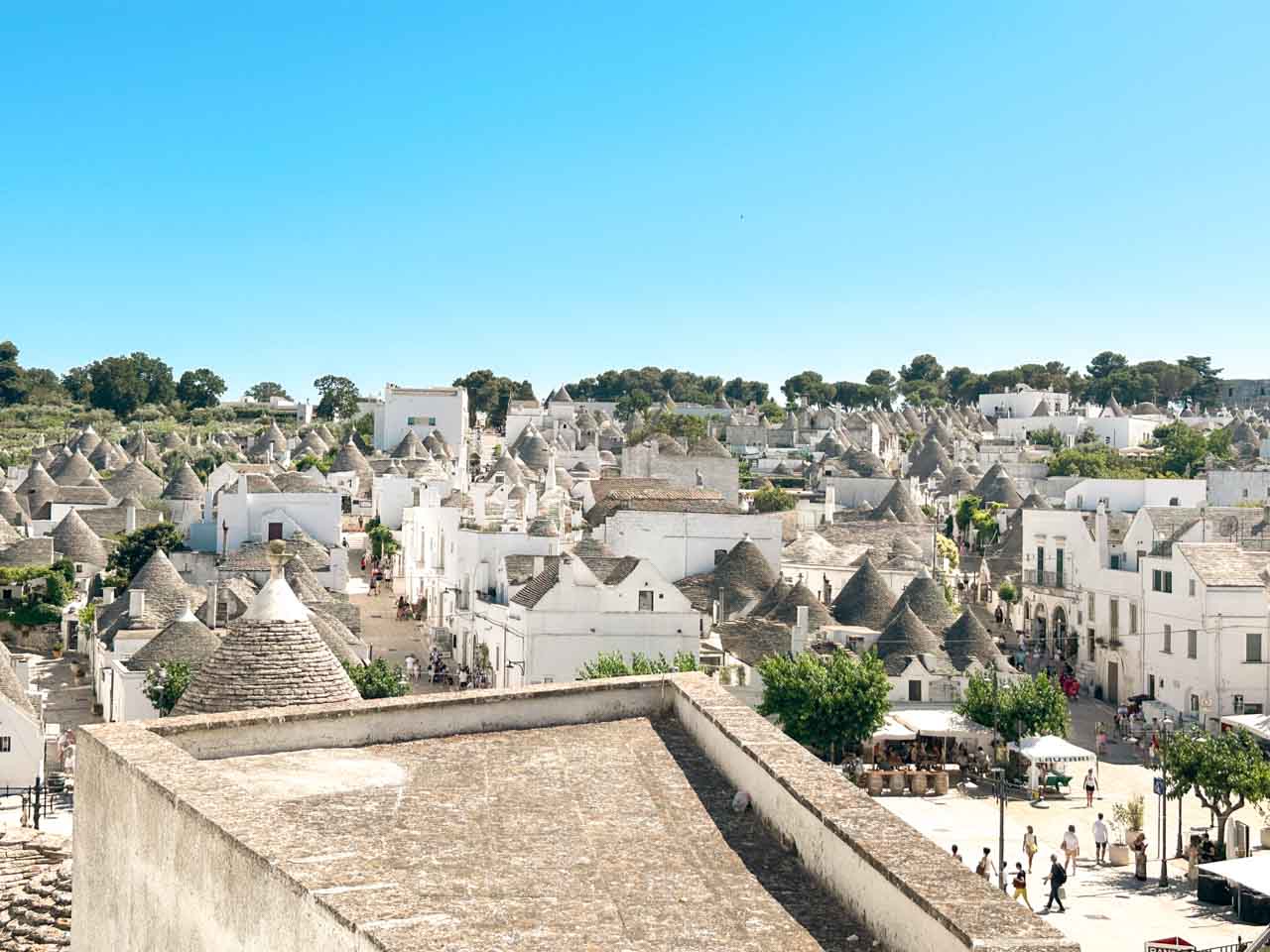 Panoramic view of Alberobello's trulli district with stone roofs stretching across the town
