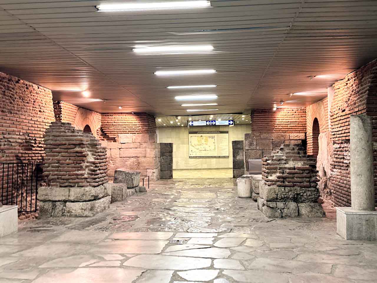 Ancient Roman ruins in an underground pedestrian passage near Serdika metro station in central Sofia, Bulgaria