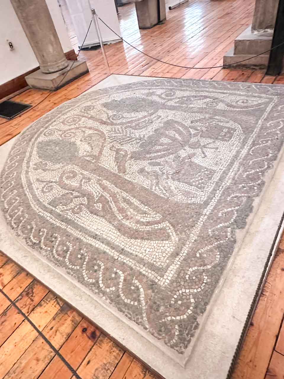 Ancient mosaic floor from the Saint Sophia Church displayed at the National Archaeological Museum in Sofia, Bulgaria
