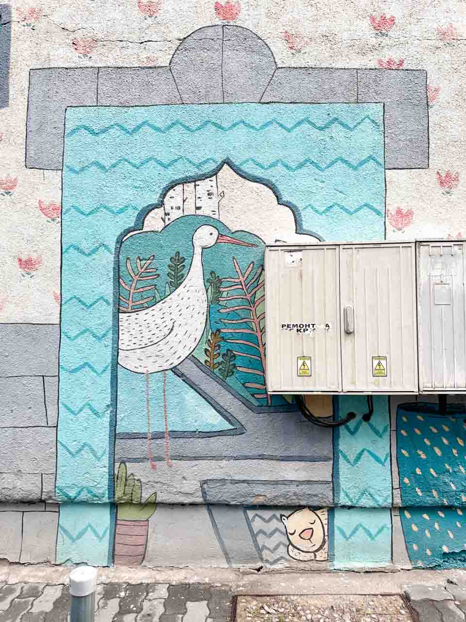 Colourful bird mural on a wall in Sofia, Bulgaria