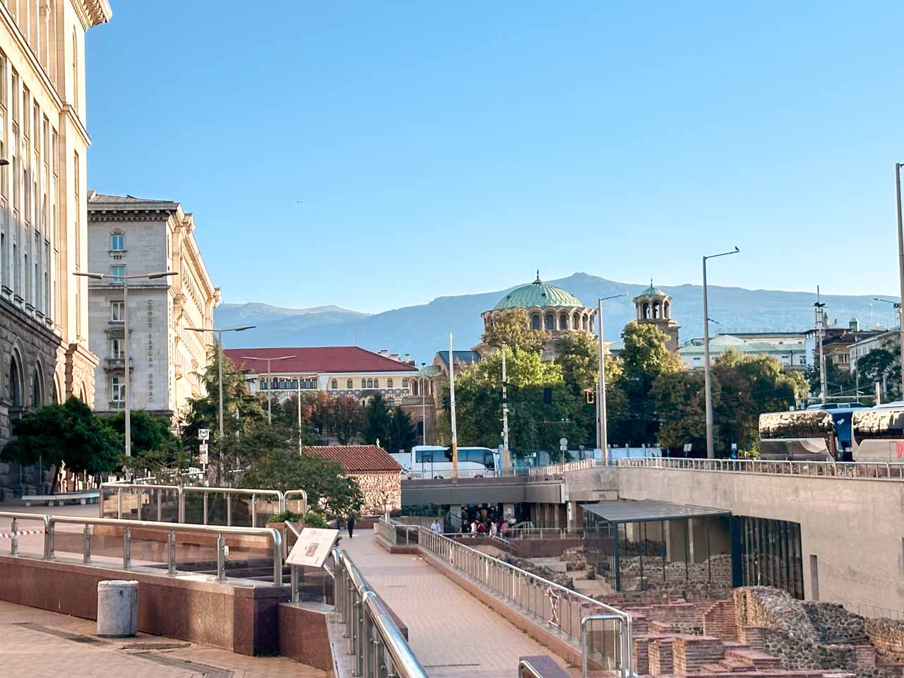 View across the Serdica ruins towards the Church of Saint Nedelya and Vitosha Mountain in central Sofia
