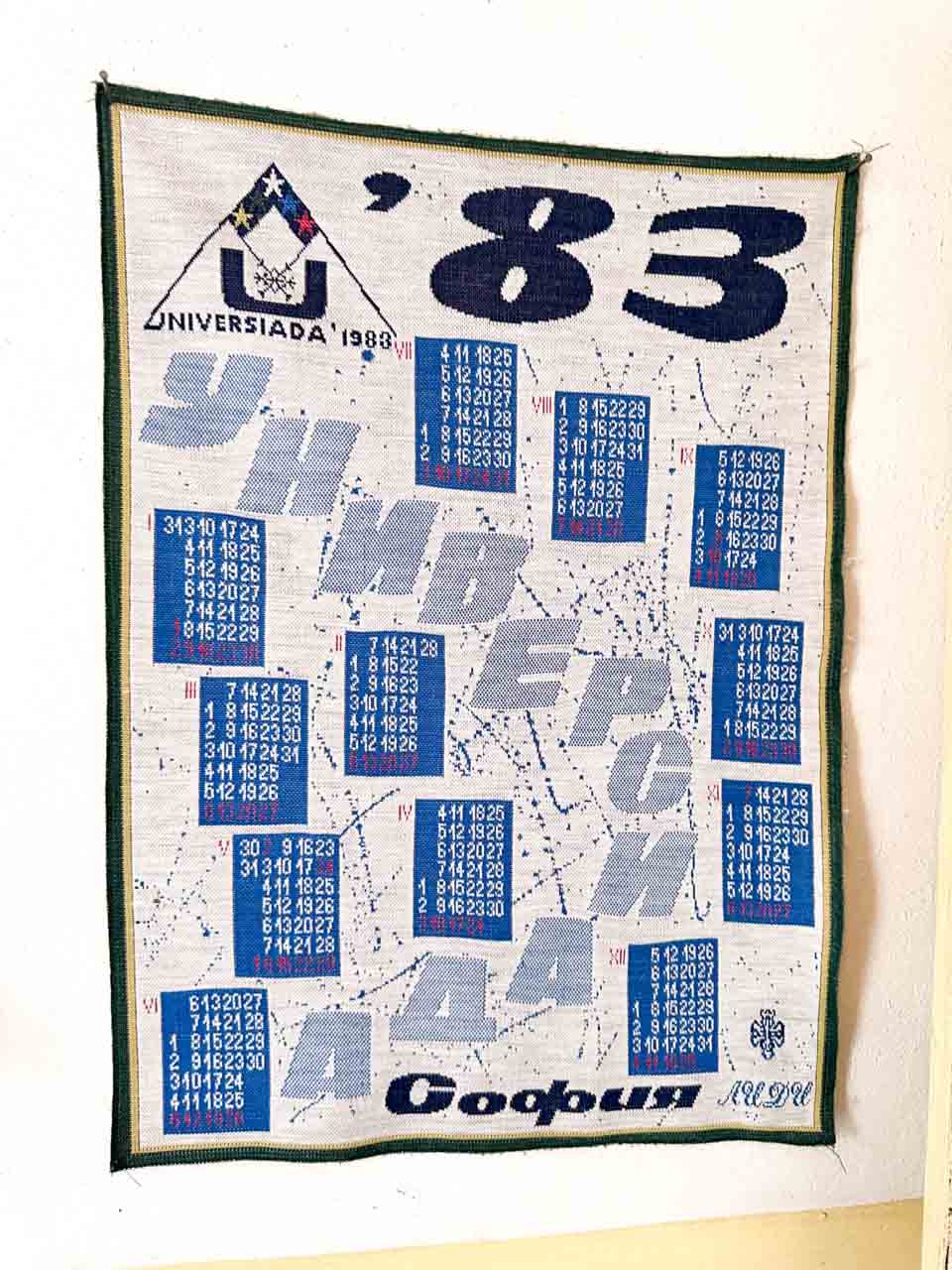 Vintage 1983 wall calendar displayed inside the Red Flat museum in Sofia, Bulgaria