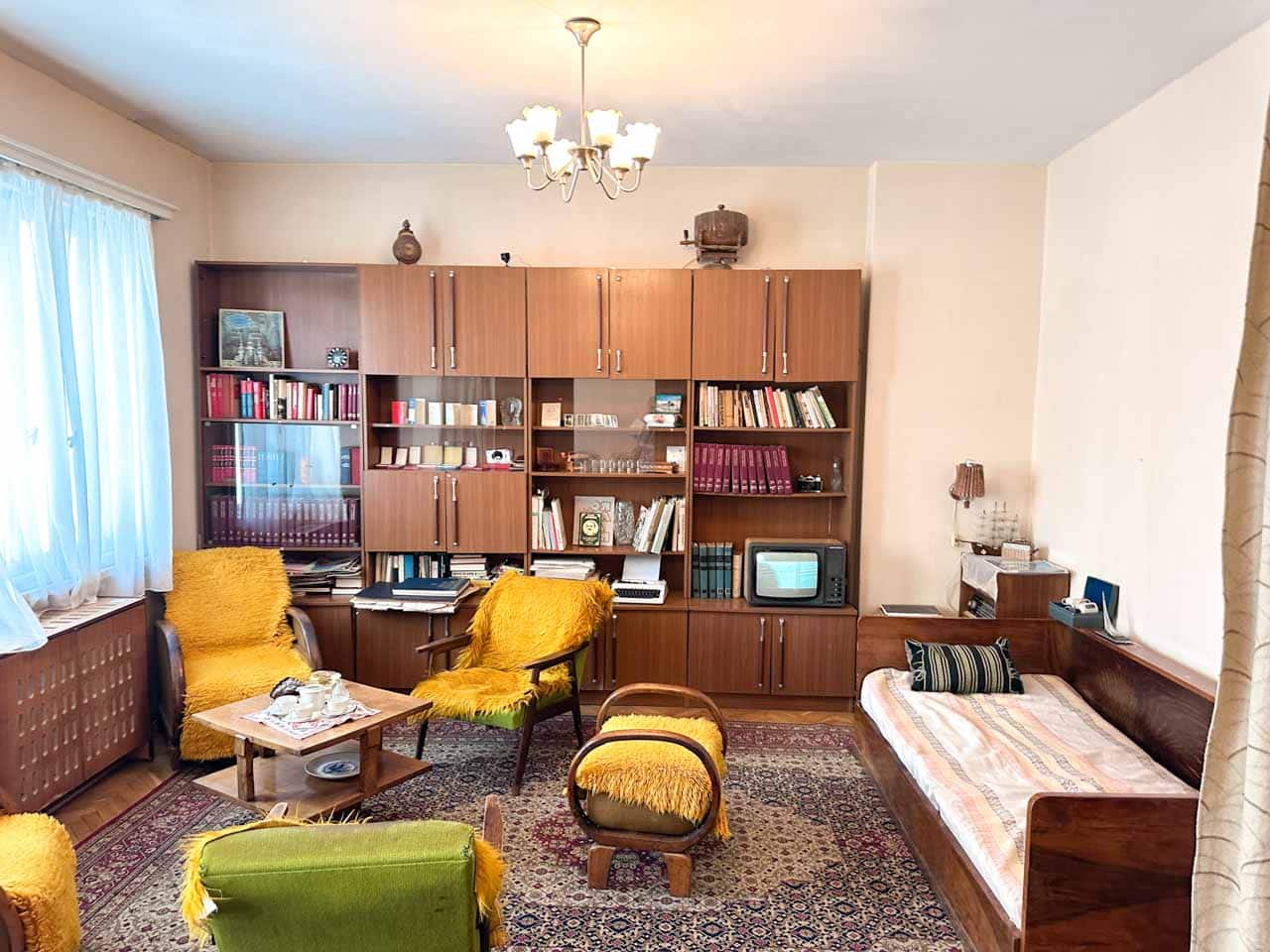 1970s-style living room with vintage furniture and decor at the Red Flat museum in Sofia