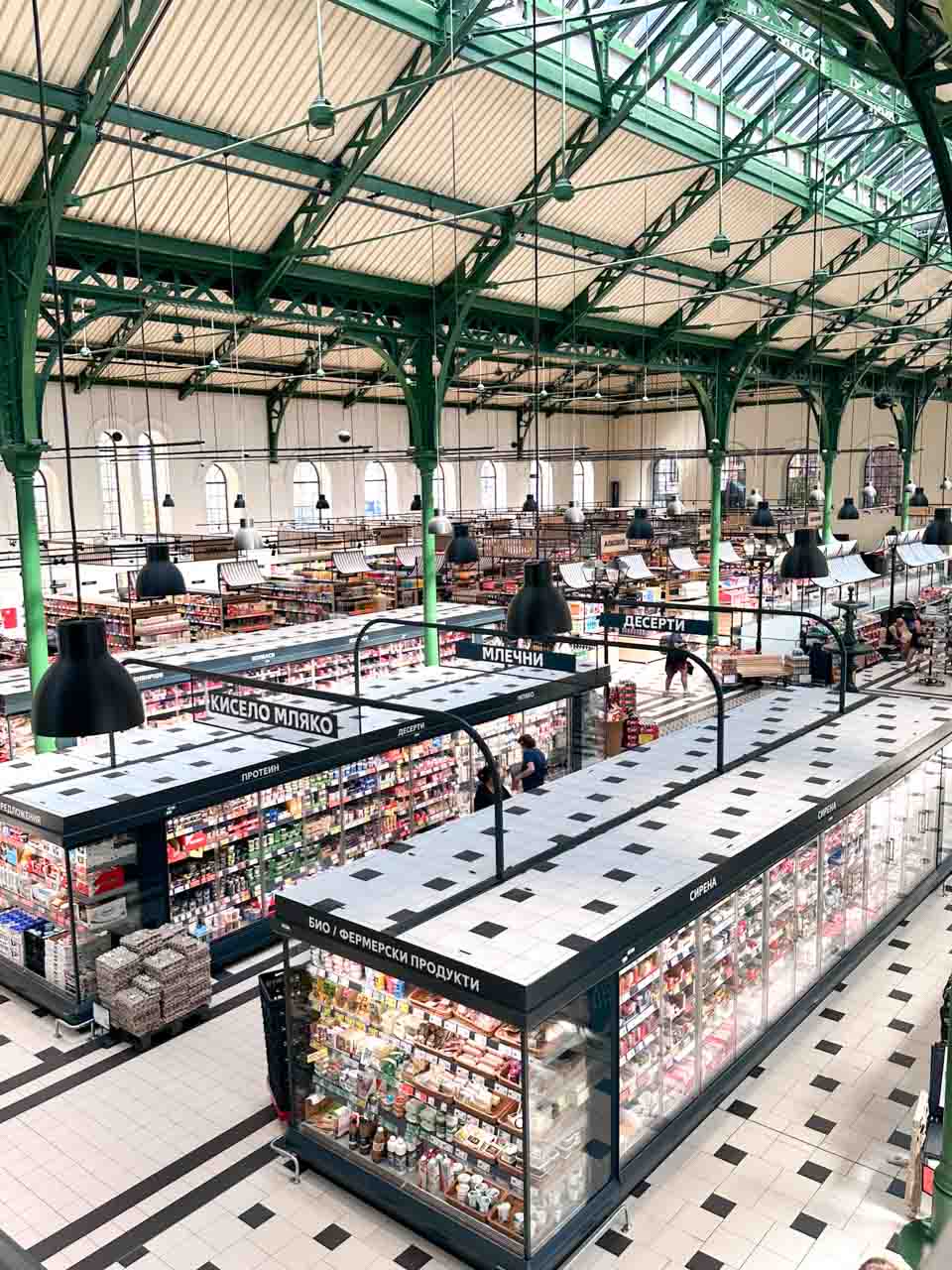 Interior of the Central Sofia Market Hall, now home to a Kaufland supermarket, with its distinctive green iron framework