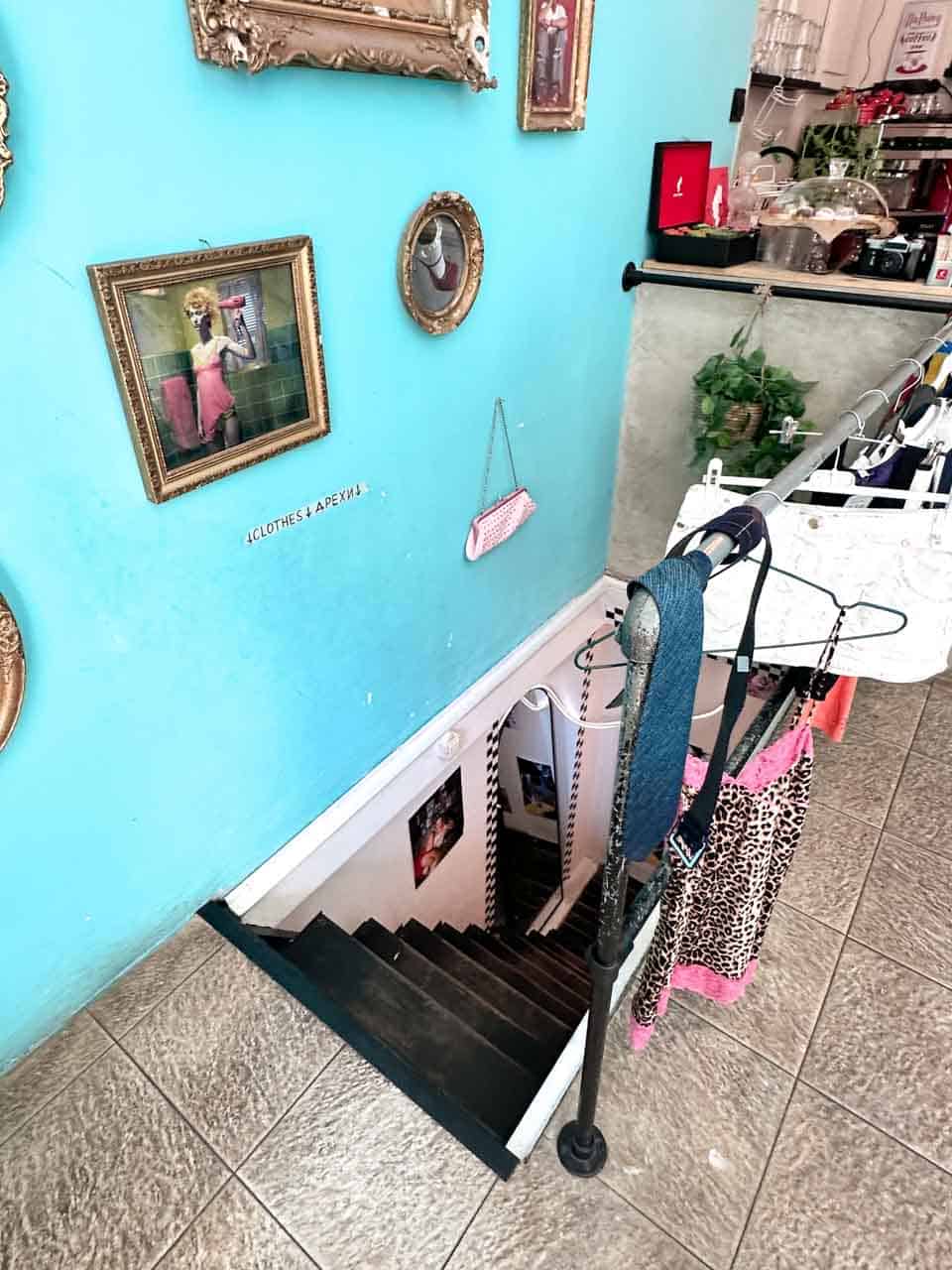 Colourful interior and clothing displays inside the Thrift&rsquo;N&rsquo;Sip second-hand shop in Sofia