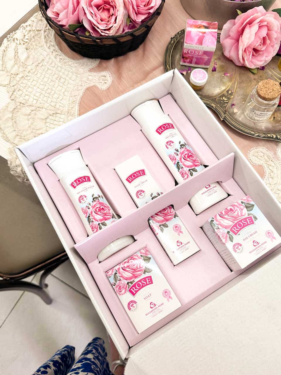 Gift set of Bulgarian rose cosmetics with pink floral packaging in Sofia, Bulgaria
