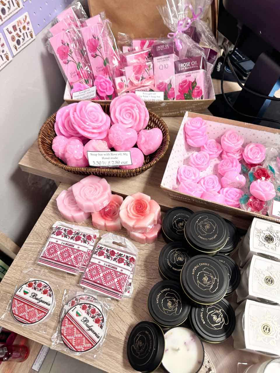 Pink rose soaps, cosmetics, and Bulgarian souvenirs displayed at the One Bulgarian Rose shop in Sofia