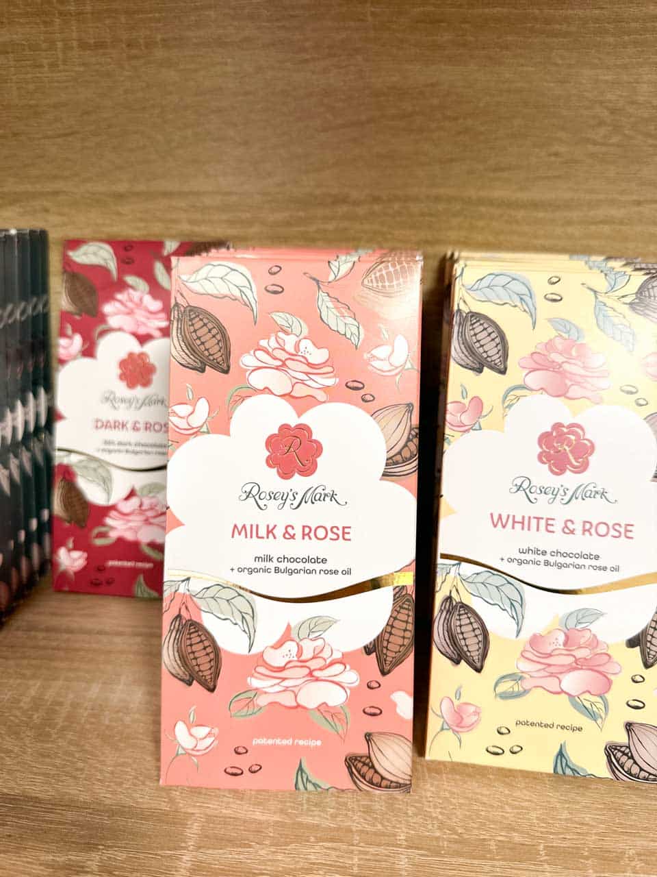 Bulgarian milk and white chocolate bars made with organic rose oil displayed at the One Bulgarian Rose shop in Sofia, Bulgaria