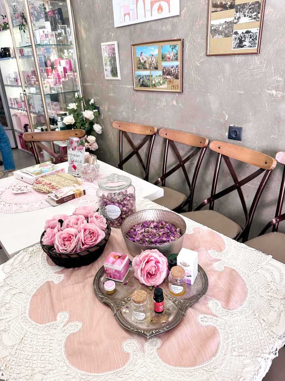 Bulgarian rose products, dried rose petals, and cosmetics displayed at the One Bulgarian Rose shop in Sofia
