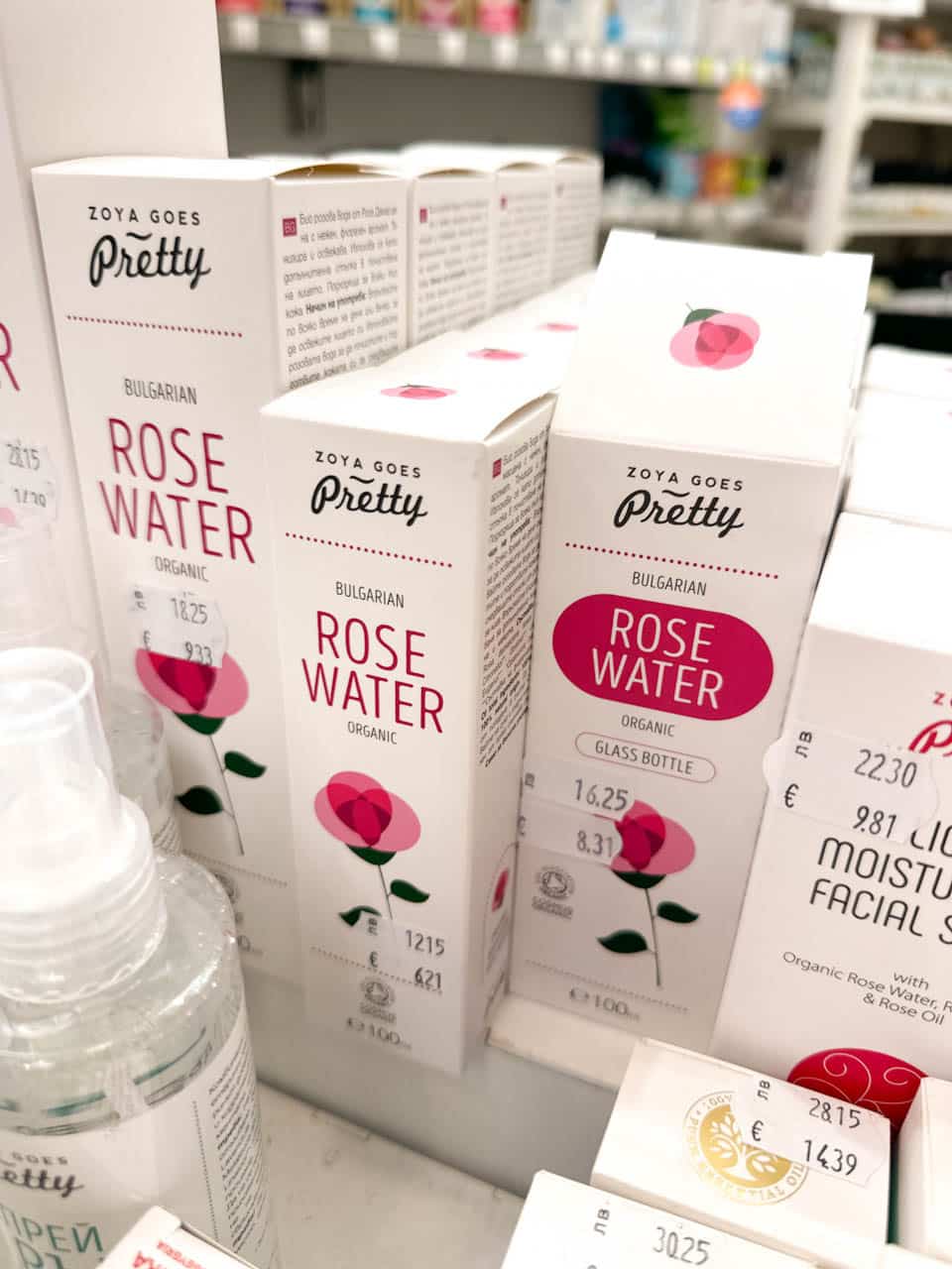 Organic Bulgarian rose water and skincare products for sale at the Uhaya cosmetics shop in Sofia