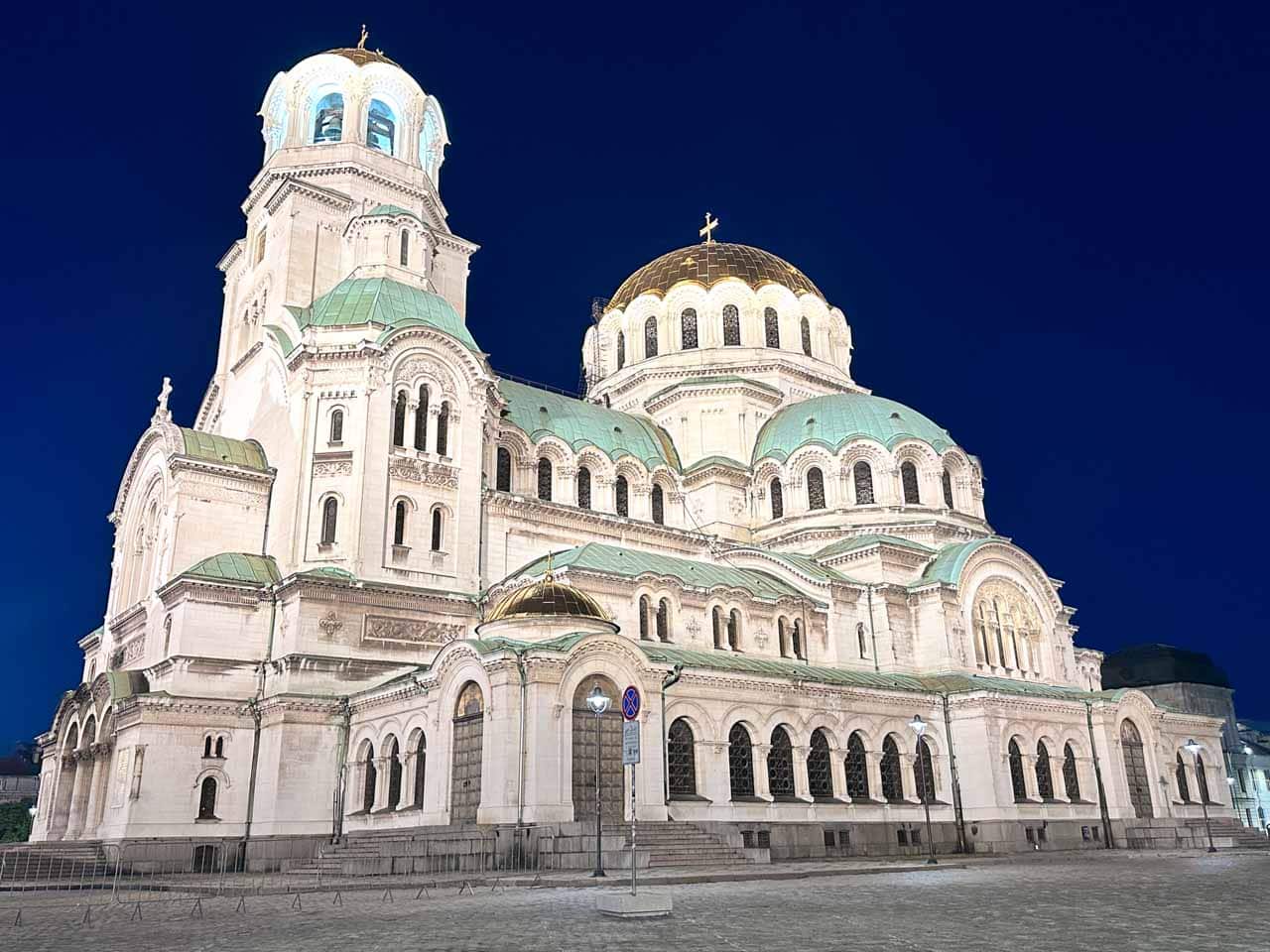 Alexander Nevsky Cathedral in Sofia illuminated against the dark blue evening sky