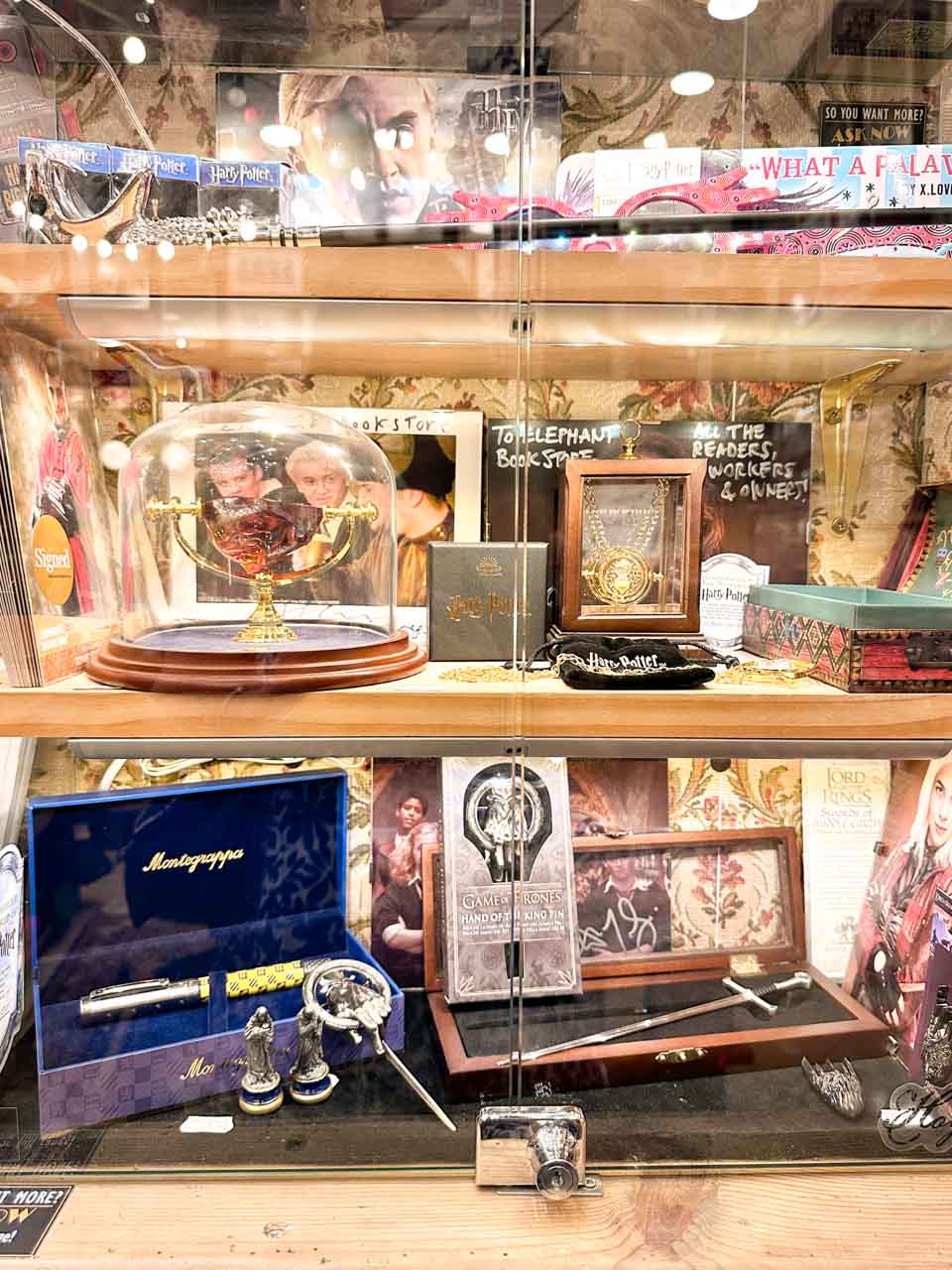 Harry Potter memorabilia displayed inside Elephant Bookstore in Sofia, Bulgaria