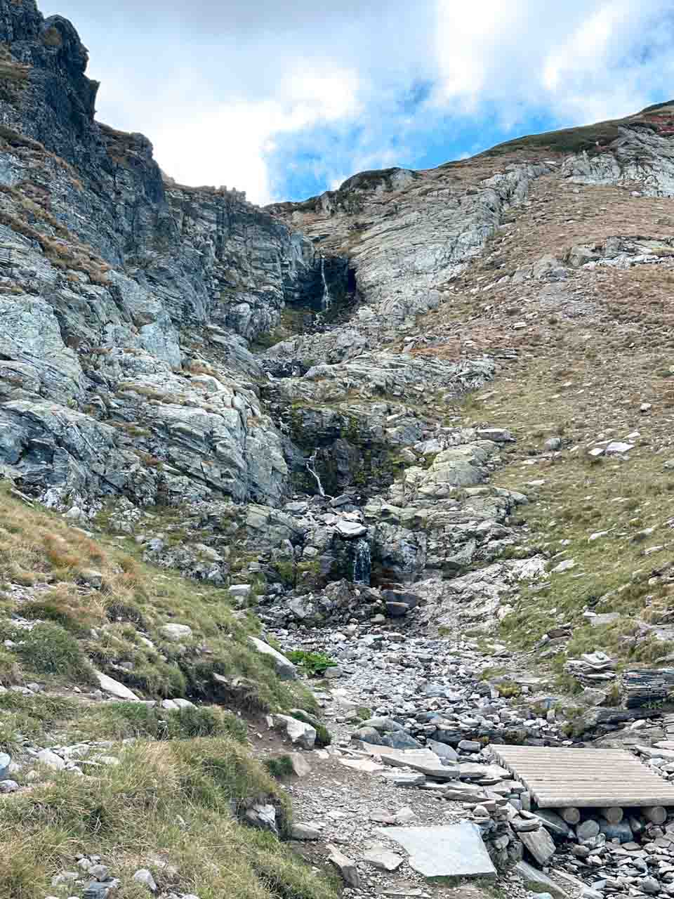 Small waterfalls flowing down a rocky mountainside along the Seven Rila Lakes hiking trail in Bulgaria