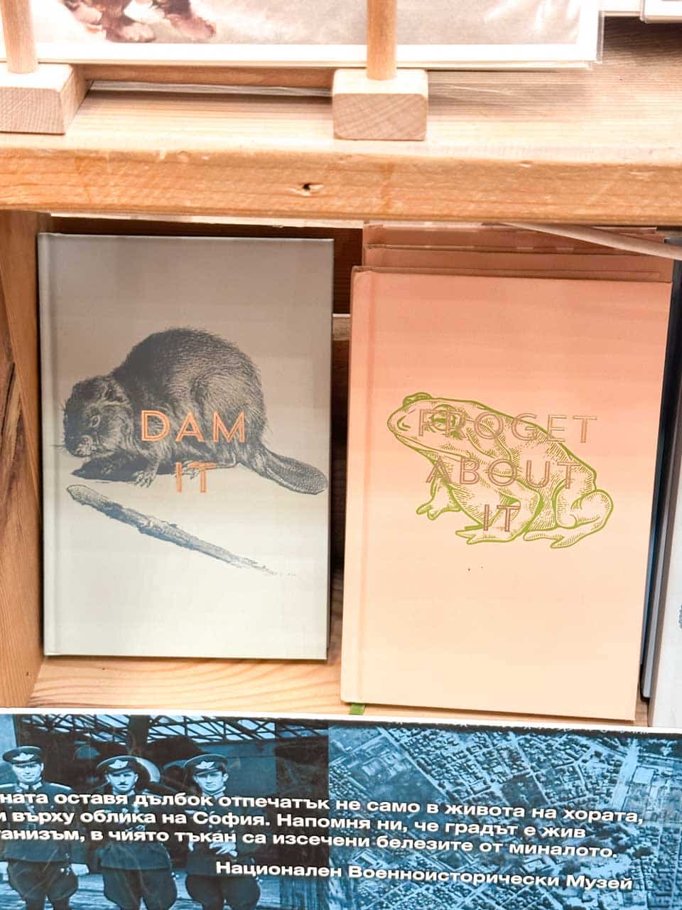 Quirky illustrated notebooks with a beaver and frog displayed inside Elephant Bookstore in Sofia, Bulgaria