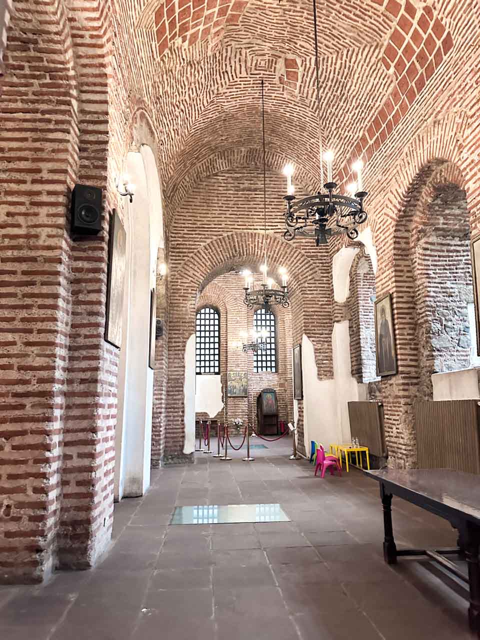 Brick arches and vaulted ceiling inside the Saint Sophia Church in central Sofia, Bulgaria