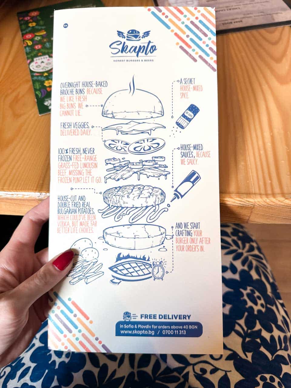 An illustrated Skapto menu explaining the ingredients that go into its burgers