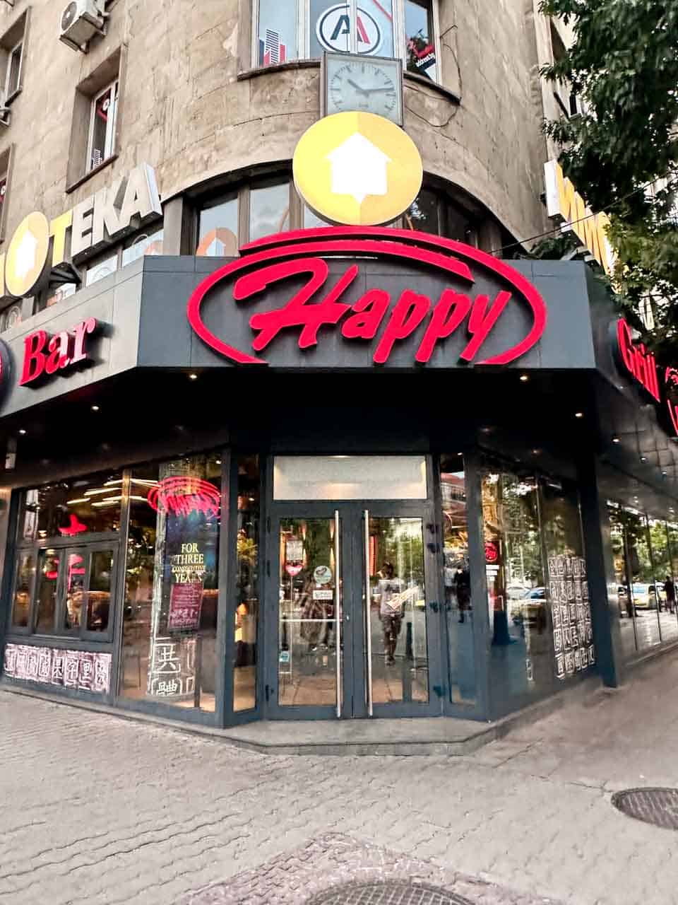 Entrance to Happy Bar & Grill in Sofia