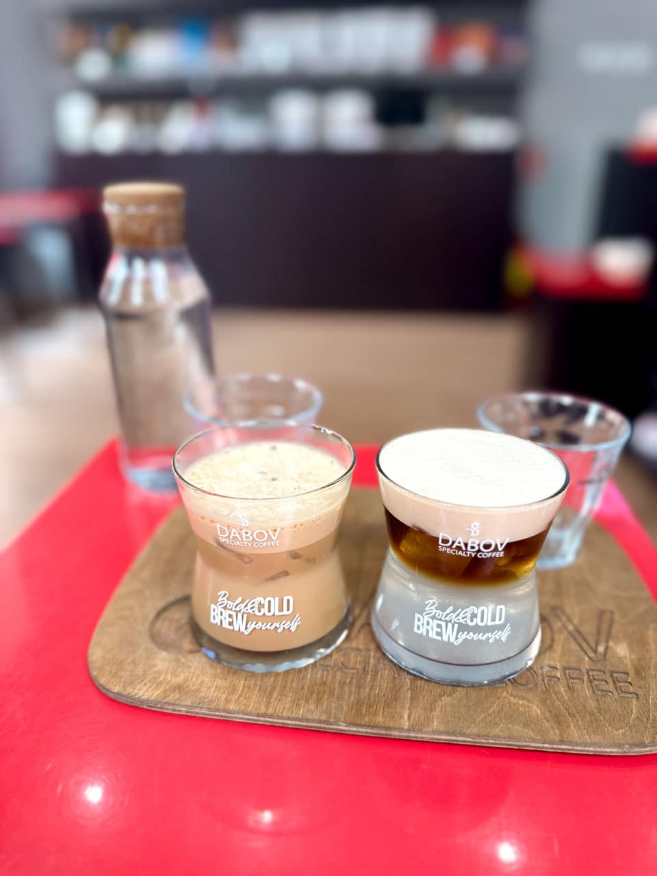 Iced specialty coffees served with water at Dabov Specialty Coffee in Sofia, Bulgaria