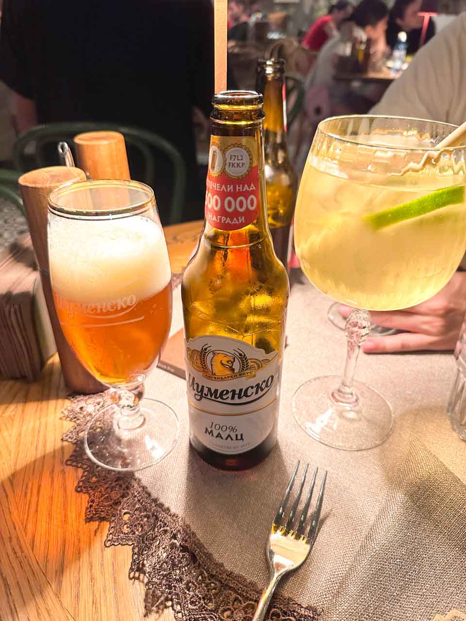 Bulgarian Shumensko beer and an elderflower lemonade at Shtastlivetsa Restaurant in Sofia