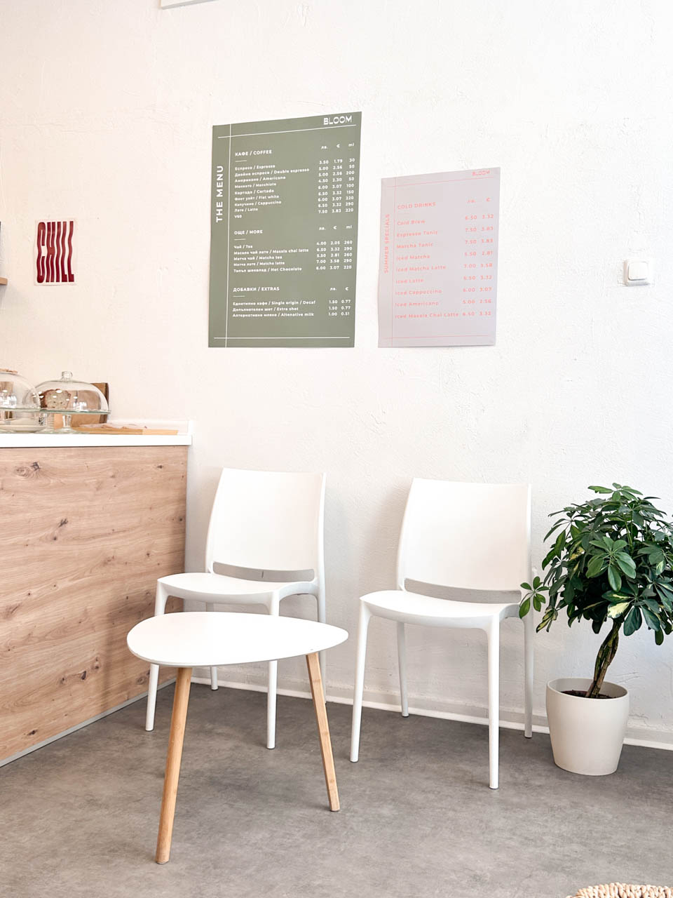 Minimalist interior of Bloom Specialty Coffee in Sofia with white furniture, wooden details, and a potted plant